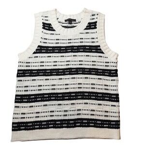 Ann Taylor Sweater Vest Womens LP Black White Striped Knit Metallic Crew Neck